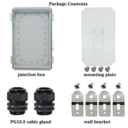 Zulkit Junction Box,IP67 Waterproof Electrical Box Hinged Clear Cover Stainless Steel Buckle Plastic Enclosure for Project w Mounting Plate Wall Bracket and 2 Cable Gland 10.2 x 6.3 x 3.9 Inch - color: Clear Cover, size: 10.2" x 6.3" x 3.9"
