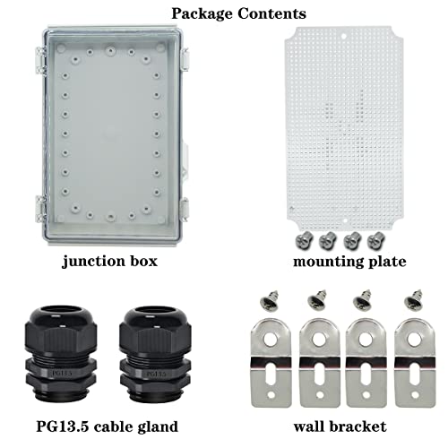 Zulkit Junction Box,IP67 Waterproof Electrical Box Hinged Clear Cover Stainless Steel Buckle Plastic Enclosure for Project w Mounting Plate Wall Bracket and 2 Cable Gland 10.2 x 6.3 x 3.9 Inch - color: Clear Cover, size: 10.2" x 6.3" x 3.9"