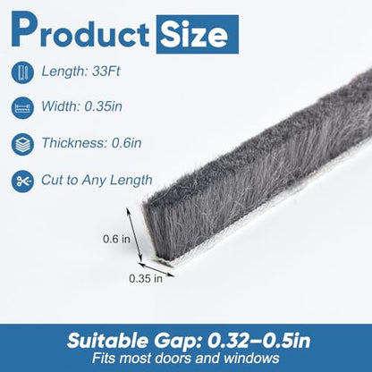 YoleShy 33 Ft Brush Weather Stripping Door Seal Strong Self-Adhesive Weather Stripping Window Seal Soundproofing Windproof Dustproof 0.35 in Wide x 0.6 in Thick, Grey - size: 0.35 x 0.6 inches