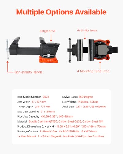VEVOR Bench Vise, 5" Jaw Width, 5" Max Jaw Opening Multipurpose Vise with 360° Swivel Locking Base, 2.8" Throat Depth, Heavy Duty Ductile Iron Workbench Vise with Anvil, for Clamping Round Pipes - size: 5-inch