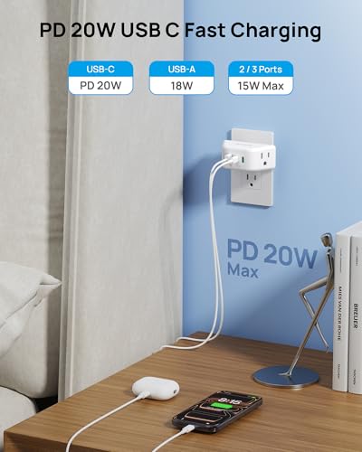 TROND Outlet Extender with USB C PD 20W, Outlet Splitter with 2 AC Sockets, 3-Side Design Wall Plug Adapter, for Home Office Cruise Travel Essentials, White - color: White, size: 2A2C1U & PD20W-3 Prong Plug,1 Pack