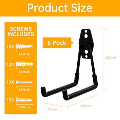WIN&YING 6 Pack Steel Garage Storage Hooks, Heavy Duty Wall Mounted Storage Hanger, Anti-Slip Tool Organizer for Hanging Ladders, Hose, Bulk Items, Power and Garden