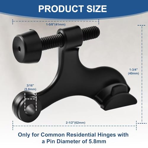 5 Pack Premium Hinge Pin Door Stopper Set, Adjustable Heavy Duty Door Stoppers with White Rubber Bumper Tips，Tool-Free Install, Quiet Close, Wall & Door Protection, Black (2-1/2" × 1-3/4")