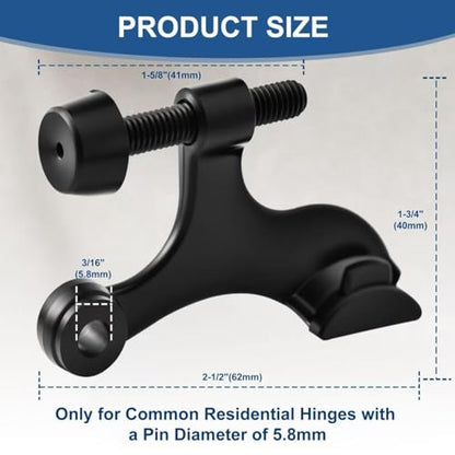 5 Pack Premium Hinge Pin Door Stopper Set, Adjustable Heavy Duty Door Stoppers with White Rubber Bumper Tips，Tool-Free Install, Quiet Close, Wall & Door Protection, Black (2-1/2" × 1-3/4")