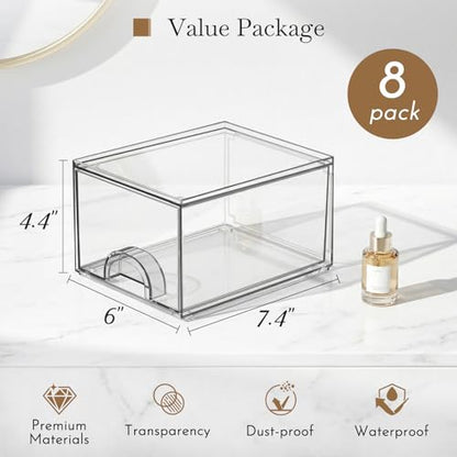 8 Pack Small Clear Stackable Acrylic Storage Boxes Storage Drawers, Storage Organizer, Clear Plastic Makeup Organizer, Ideal for Vanity, Cabinet, Desk Organization
