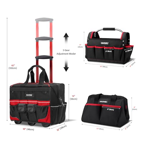 HAUTMEC 3-Piece Rolling Tool Bag Set, 18" Wheeled Tool Bag, 15" Open Top Tool Tote & 12" Wide Mouth Small Bag, Heavy-Duty 1680D Water-Resistant Tool Storage with Off-Road Wheel & Telescoping Handle - style: 3-Pcs Set | Red