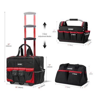 HAUTMEC 3-Piece Rolling Tool Bag Set, 18" Wheeled Tool Bag, 15" Open Top Tool Tote & 12" Wide Mouth Small Bag, Heavy-Duty 1680D Water-Resistant Tool Storage with Off-Road Wheel & Telescoping Handle - style: 3-Pcs Set | Red