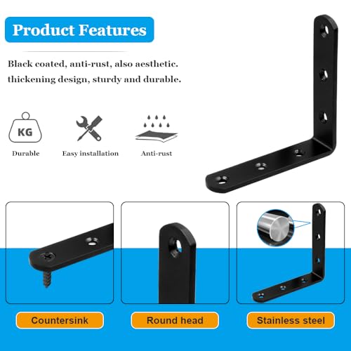 4 Pcs Black Stainless Steel L Bracket 3 x 3 inch Metal Corner Brace Joint Heavy Duty Right Angle Brackets Fastener for Wood, with Screw