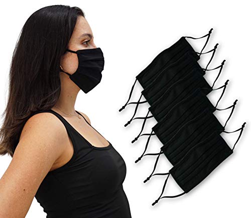 Simlu 6 Pack Unisex Reusable Pleated Fabric Face Mask with Adjustable Elastic, 2 Layer, Washable, Nose Wire Black Cloth Fits Men Women and Kids (OS Fits All, 6 Pack)