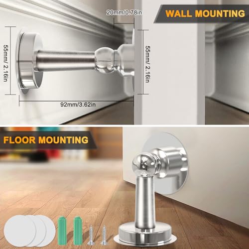 6 Pack Magnetic Door Stopper, COCIVIVRE Magnet Door Stop Stainless Steel for Wall and Floor Mounting, No Drilling Doorstop with Adhesive Tape Hold Your Door Open, Silver - style: No Drill-6 packs