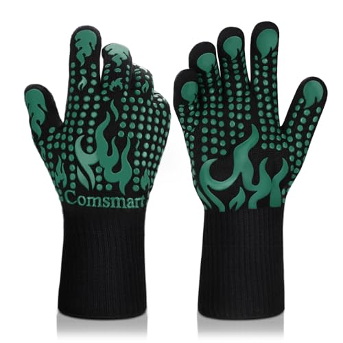 Comsmart BBQ Gloves, 1472°F Heat Resistant Grilling Gloves Silicone Non-Slip Oven Gloves Long Kitchen Gloves for Barbecue, Cooking, Baking, Short, Green - color: Green, size: short