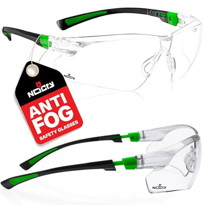 NoCry Clear Safety Glasses for Men and Women with Anti-Fog and Scratch Resistant Wrap Around Lenses, Adjustable Temples and Nose Pads — ANSI Z87 Certified Protective Eyewear with 100% UV Shielding - color: Black & Green