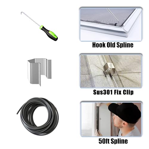King&Charles Window Screen Door Repair/Replacement Kit, Include Black Screen Mesh 48"x118"+ 2 Roller+50Ft Spline+8Clips+Hook, 6 in 1 Window Mesh Kit, Steel/Nylon Bearing Roller - color: Black, size: 48"×118" Kit
