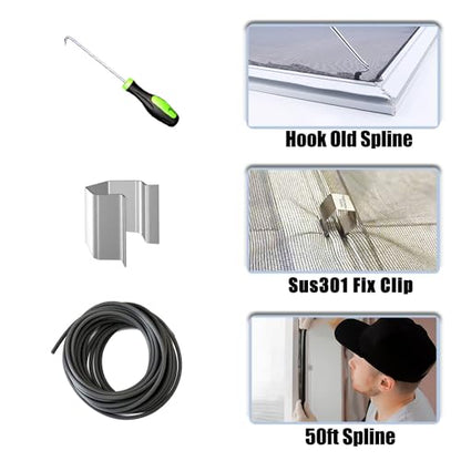 King&Charles Window Screen Door Repair/Replacement Kit, Include Black Screen Mesh 48"x118"+ 2 Roller+50Ft Spline+8Clips+Hook, 6 in 1 Window Mesh Kit, Steel/Nylon Bearing Roller - color: Black, size: 48"×118" Kit