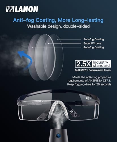 LANON Anti-Fog Safety Goggles with Adjustable Temples, 2.5 Times ANSI Z87.1 Double-sided Antifog, Side Protection, High Transmission, Lightweight & Comfortable Safety Glasses