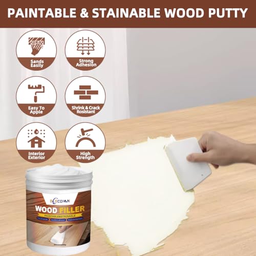 Wood Filler Repair Kit 16oz White – Paintable & Stainable Wood Putty Filler for Furniture, Doors & Floors, Exterior Water-Resistant Wood Crack & Hole Filler with Scrapers, Sandpaper & Gloves