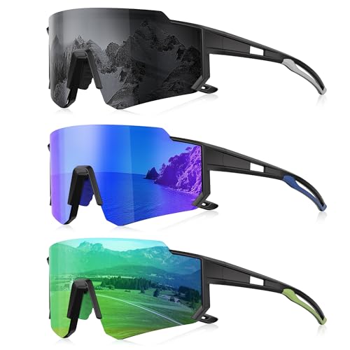 3 Pack Polarized Sunglasses for Men Women, Sports Mens Sunglasses with UV Protection for Baseball Cycling Running - color: A05-gray/Dark Blue/Green
