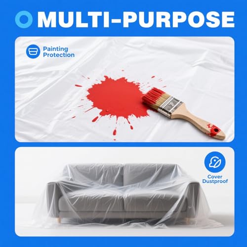 6 Pack Drop Cloth Plastic Sheeting, 9 x 12 FT Heavy Duty Painters Tarp, Waterproof Dustproof Furniture and Floor Protection Cover, Tear-Resistant Plastic for Painting and Renovation