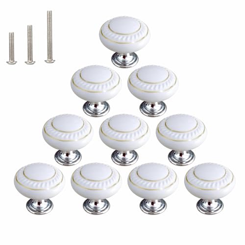 HUAMULAN 10 Pack White Ceramic Knob with Gold Circle Simple Dresser Kitchen Round Cabinet Pulls,Zinc Alloy Base Cupboard Wardrobe Drawer Door Handles,3 Size Screws - color: White with Gold Circle 10PCS