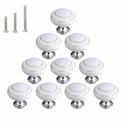 HUAMULAN 10 Pack White Ceramic Knob with Gold Circle Simple Dresser Kitchen Round Cabinet Pulls,Zinc Alloy Base Cupboard Wardrobe Drawer Door Handles,3 Size Screws - color: White with Gold Circle 10PCS