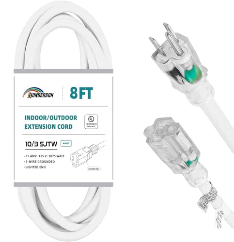 Indoor Outdoor Extension Cord Weatherproof with Lighted End, UL Certified, 10 Gauge 8FT White 3 Prong Heavy Duty, 10/3 SJTW 15A Power Cord for Outdoor Lights, Lawn - size: 8FT, style: 10/3