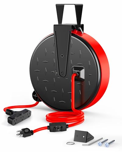 DEWENWILS 30FT Extension Cord Reel, 16/3 Gauge SJTW Power Cord, Retractable Cord Reel with 3 Outlets, Ceiling/Wall Mount for Garage, Workshop, 10A Circuit Breaker, Metal Plate, UL Listed, Red - color: Black/Red-red Cord