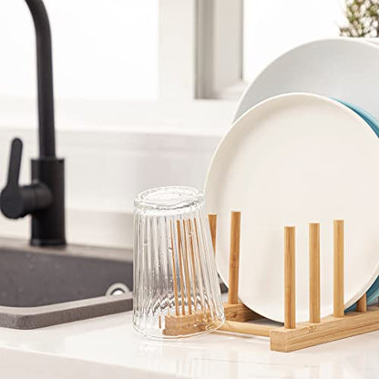 HBlife Bamboo Dish Plate Bowl Cup Book Pot Lid Cutting Board Drying Rack Stand Drainer Storage Holder Organizer Kitchen Cabinet（Keep Dry） - color: Bamboo 8 Slots 1pcs