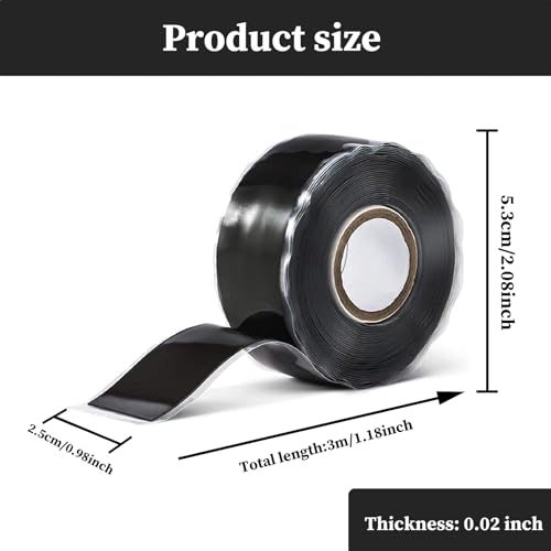 Waterproof Duct Tape 2.5cm x 3m, Silicone Repair Tape Plumbers Tape, Self Fusing Rubber Tape Waterproof Tape for Leaks, Rubber Seal Tape for Pipes, Faucets, Handles (Black)