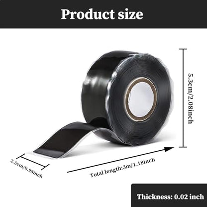 Waterproof Duct Tape 2.5cm x 3m, Silicone Repair Tape Plumbers Tape, Self Fusing Rubber Tape Waterproof Tape for Leaks, Rubber Seal Tape for Pipes, Faucets, Handles (Black)