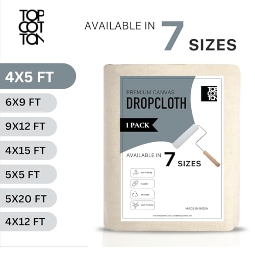 Top Cotton Canvas Drop Cloth 1Pc, Reusable Paint Drop Cloth, 100% Recycled Cotton Canvas Tarp Cover for Painter, Furniture, Floor Protection, All Purpose Painters Dropcloth for Christmas DIY (5x5FT) - size: Pack of 1 - 5' x 5' (Extra Coverage)