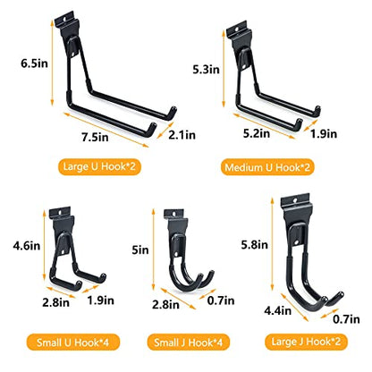 Slatwall Hooks, Slat Wall Accessories Multi Size Garage Hooks Storage Utility Hanging Hooks Wall Mount Tool Holder for Ladder Garden Tools (14 Pack, Black)