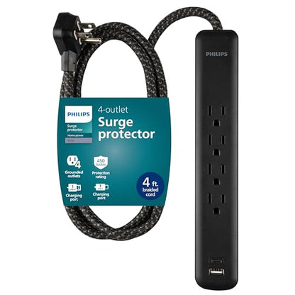 Philips 4-Outlet Surge Protector, 4ft Braided Cord, 1-USB-C, 1-USB-A, Extension Cord, Power Strip, for Home, School, or Office, 15W, 450J, Black, SPP3393B/37 - style: 4 Outlet | USB-C