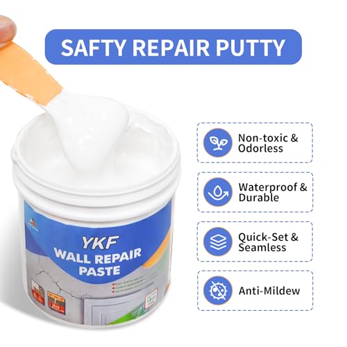 YKF Drywall Repair Kit (18 oz) - Spackle Paste with Scraper & 2X Self-Adhesive Patches (4") - Quick Dry, Waterproof Mending Agent for Large Holes, Plaster (White) - style: 18 oz Kit (with Scraper & 2 Wall Patches)