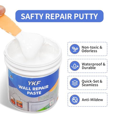 YKF Drywall Repair Kit (18 oz) - Spackle Paste with Scraper & 2X Self-Adhesive Patches (4") - Quick Dry, Waterproof Mending Agent for Large Holes, Plaster (White) - style: 18 oz Kit (with Scraper & 2 Wall Patches)