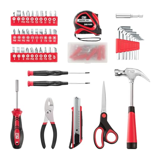 Prostormer 93-Piece Tool Kit, Basic Household Repair Tool Set with Toolbox Storage Case, Small Starter Tool Box Kit for Homeowners and College Students (Red) - color: Red