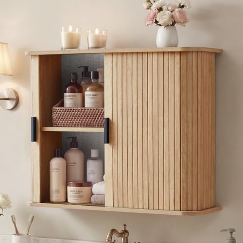 weselon Fluted Wall Mounted Bathroom Cabinet with Sliding Doors, Medicine Cabinet Storage for Over the Toilet, Space Saver Organizer for Small Bathroom Laundry Kitchen (Natural) - color: Natural