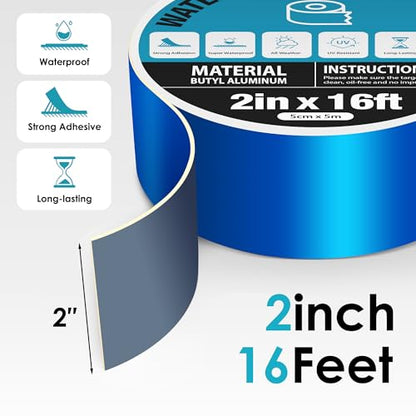 Blue Waterproof Tape 2in x 16ft, Super Sticky Outdoor Repair Butyl Tape for Pool Cover, Metal Roof Crack Sealing, Boat, RV Awning, Leak Proof Patch - size: 2in x 16ft