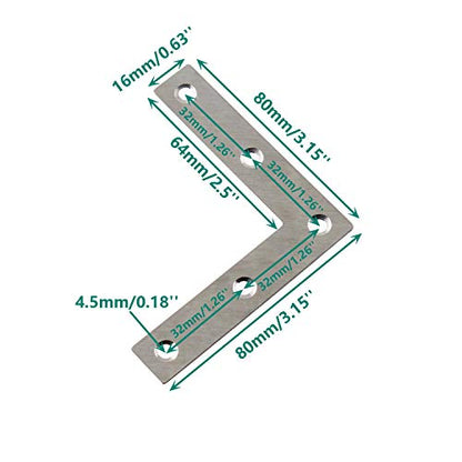 Stainless Steel L Shape Flat Corner Brace Bracket for Wood, Metal Fixing Joining Support Brace for Shelves, Furniture and Cabinet 10 Pack (80x80mm) - size: 80 X 80 Mm