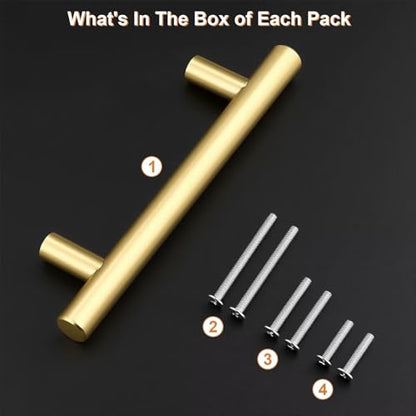 Probrico 5 Pack Hole Centers (96mm) 3.75inch Gold Kitchen Cabinet Handles Stainless Steel Polished Gold Cabinet Pulls Round T Bar Pull Handle for Cabinets and Drawers Total Length 6inch(150mm) - color: Gold, size: Hole Centers: 3-3/4"