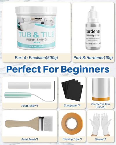Tile Paint, 17oz Tub and Tile Paint Refinishing Kit with Tools, Easy to Use for Countertop Bathroom Bathtub Kitchen Sink, Semi-Gloss White, Low Odor，25-30sq.ft - size: 17.3 Fl Oz (Pack of 1)
