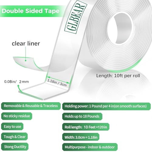 Strong Double Sided Tape Heavy Duty Double Sided Tape for Walls, 10FT Clear & Tough Nano Tape Double Sided Mounting Tape Adhesive Tape, Removable Wall for Hanging Picture, Poster (1/12" x1.18" x 10') - size: 1/12" x1.18" x 10'