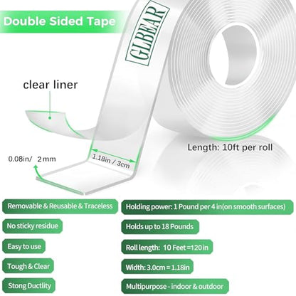 Strong Double Sided Tape Heavy Duty Double Sided Tape for Walls, 10FT Clear & Tough Nano Tape Double Sided Mounting Tape Adhesive Tape, Removable Wall for Hanging Picture, Poster (1/12" x1.18" x 10') - size: 1/12" x1.18" x 10'