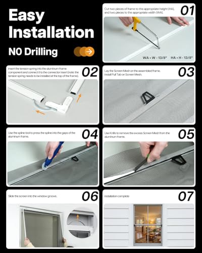 Paramondo 2 Sets DIY Window Screen Frame Kit, Easy Cut-to-Size Design Window Screen, Includes Screen Mesh, Frame Parts & Tools for Window Screen Replacement, White, 46" Lx 46"W