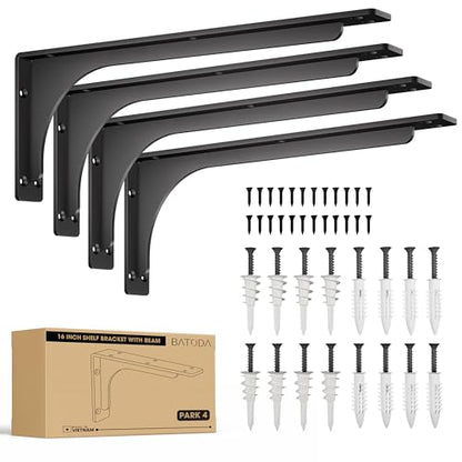 BATODA 16” Shelf Brackets with Beam (4pcs) - L Shelf Brackets Black - Hook Brackets for Floating Shelves - Wall Mounted Support for DIY Open Shelving – Mounting Hardware Included (Pack 4) (4, 16 Inch) - size: 16 Inch