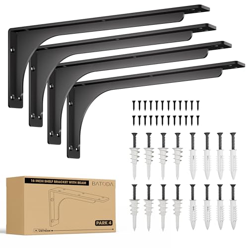 BATODA 16” Shelf Brackets with Beam (4pcs) - L Shelf Brackets Black - Hook Brackets for Floating Shelves - Wall Mounted Support for DIY Open Shelving – Mounting Hardware Included (Pack 4) (4, 16 Inch) - size: 16 Inch