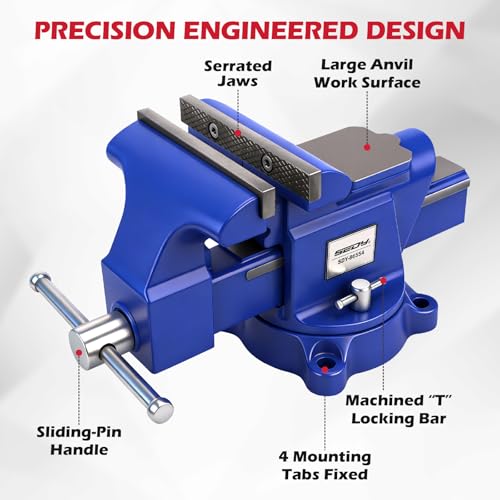 6-Inch Bench Vise with Jaw Pads, Heavy Duty Workbench Vise with Anvil, 360° Swivel Locking Base, 4500 lbs Clamping Force Bench Vice for Woodworking, Drilling, Pipe Cutting - style: 6" New Version + Magnetic Pads
