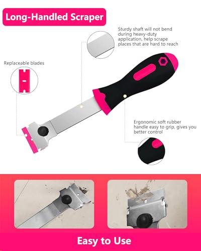 Razor Blade Scraper,Long Handle Razor Scraper with 10 Plastic and 10 Metal Blades - Perfect for Removing Labels, Stickers, Registration Stickers, and Grease from Windshields, Tint, and Glass (Pink) - color: Pink