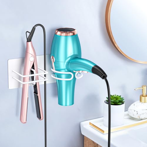 Hair Dryer and Straightener Holder Wall Mounted, Self Adhesive Blow Dryer and Flat Iron Storage Hair Tool Organizer for Bathroom Vanity (White) - color: White