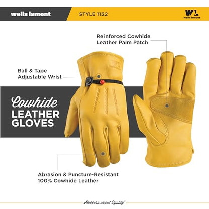 Wells Lamont Leather Work Gloves for Men – Heavy Duty, Cowhide, Abrasion & Puncture Resistant – Adjustable Wrist, Gunn Cut Design, Ideal for Ranching, Farming, Construction - Saddletan - M - size: Medium, style: 1132