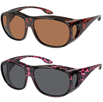 Fit Over Wrap Sunglasses Polarized Lens Wear Over Eyeglasses 100% UV Protection for Men and Women - color: Brown Havana and Burgundy Havana